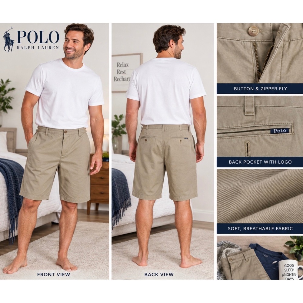 Polo Ralph Lauren Mens 38 Tan Khaki Stretch Classic Fit Chino Shorts 9 Inseam